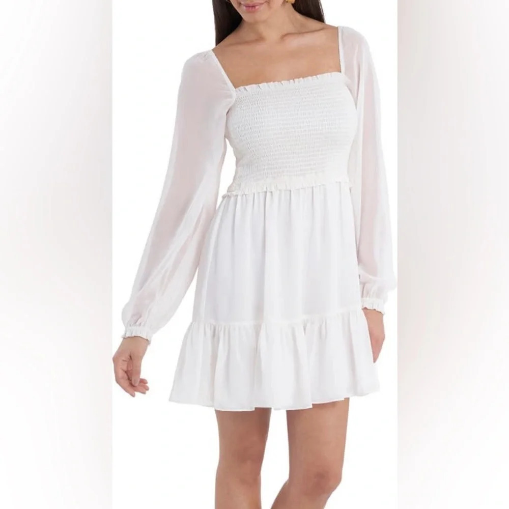 1 State Smocked Bodice Ruffle Hem Long Sleeve Mini Dress NWOT XL White Boho